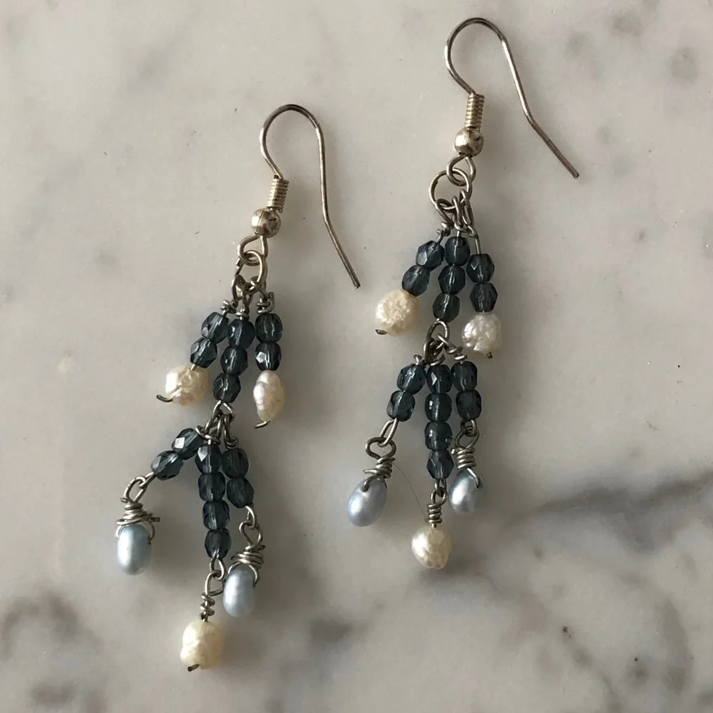 Pair of vintage Crystal + Freshwater Pearl Beaded Earrings